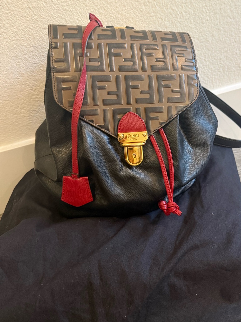 Fendi Monogram Leather Backpack with Red Trim